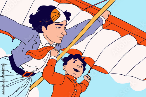 Adult and child soaring on hang glider, joyful flight, against blue sky, for family travel brochures