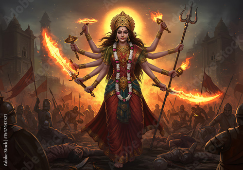 Fiery Goddess Durga Amidst a Battlefield: A Digital Painting of Hindu Mythology