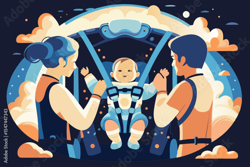 Parents securing baby in a carrier, preparing for travel, with copy space