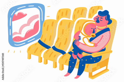 Parent holding baby on airplane, sleeping peacefully, colorful illustration, for travel blogs