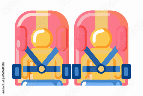 Airplane child safety seats, pink and yellow illustration, for travel brochures