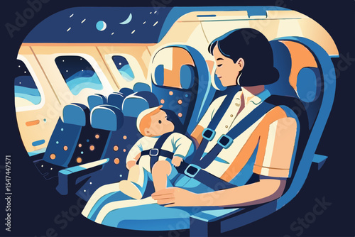 Mother and baby on airplane, nighttime flight, safety, travel illustration