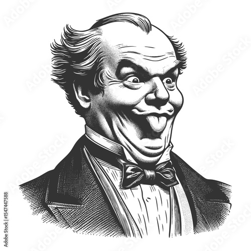 Funny cheerful, silly man sticking out his tongue with a playful facial expression sketch engraving generative ai fictional character vector illustration. Scratch board. Black and white image.