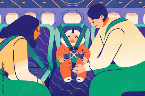 Parents securing baby in airplane seat, for travel safety brochures