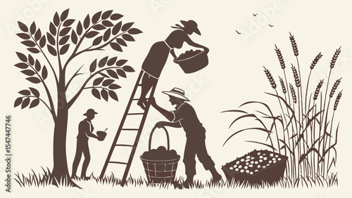 Rustic silhouette illustration of farmers harvesting apples from a tree and grain from a field, showcasing traditional autumn farm work and rural life.