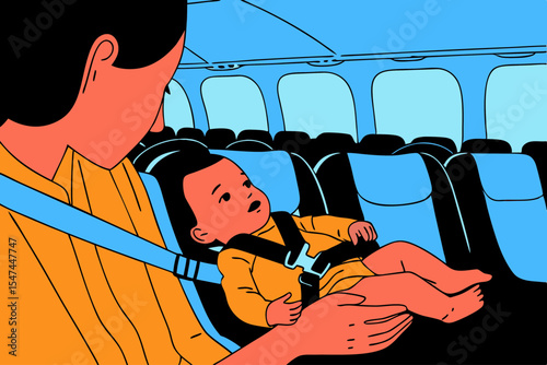 Mother and baby on airplane, secured in car seat, for travel safety illustrations