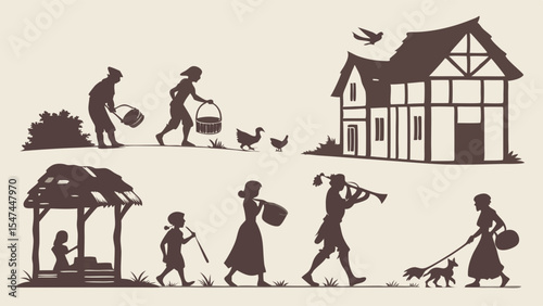 Monochrome Silhouettes of Historical European Village Life Daily Chores People Animals Rustic Homes Folk Art and a Water Well