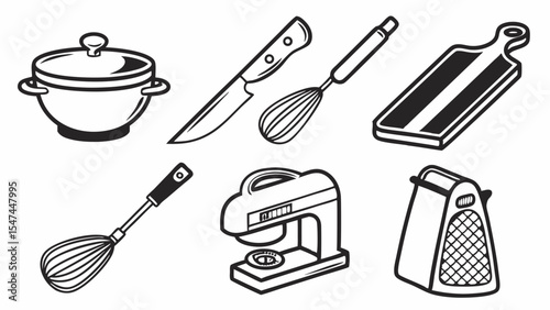 Black and white line art illustration of various kitchen utensils and cooking tools including a pot, knife, whisk, cutting board, stand mixer, and grater.