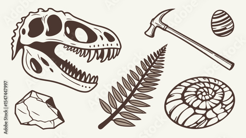 Vintage hand-drawn paleontology set with dinosaur skull, ammonite, fern fossil, egg, hammer, and rock. Prehistoric science discovery illustration.