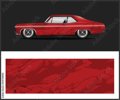 Custom Red Classic Car with Abstract Design and Matching Background Pattern