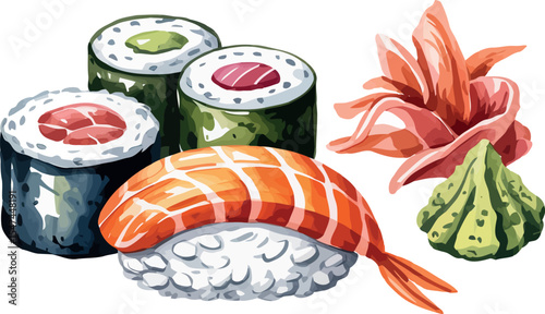 A vibrant watercolor illustration showcases a selection of popular sushi pieces. It features several maki rolls and a large shrimp nigiri, accompanied by traditional pickled ginger and wasab