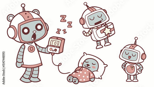 Adorable cartoon robot bears in a whimsical retro illustration. One listens to music, another sleeps soundly, while others stand. Perfect for kids' tech themes.