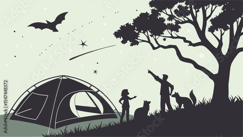 Silhouette illustration of a father and child camping on a hillside, stargazing with their dogs at night, featuring a shooting star and a bat.