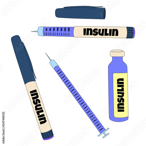 Set of insulin pens, syringe, and vial - diabetes mellitus treatment tools for blood sugar control. Flat medical illustration isolated on white background. Concept of chronic illness and healthcare.