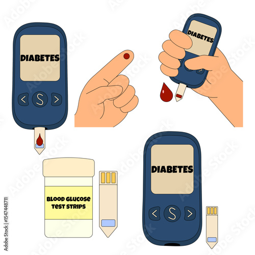 Set of blood glucose meter, test strips, and finger prick for diabetes mellitus diagnosis and monitoring concept. Vector medical illustration isolated on white background. Chronic illness, healthcare.