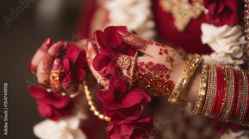 Close-up of bride's henna-decorated hands holding red flowers, adorned with gold bangles and rings, showcasing traditional South Asian wedding attire.