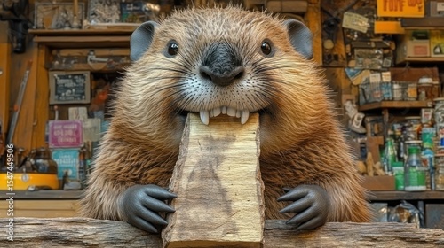 Happy beaver chomping wood in workshop