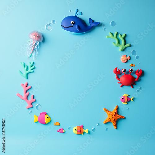 Playful Sea Creatures Frame with Coral and Bubbles