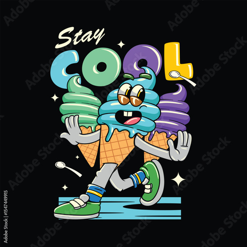 Funny Ice Cream Cartoon Characters in Retro 70s Illustration