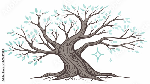 Whimsical fantasy old tree illustration with a thick gnarled trunk, spreading branches, and delicate light blue leaves, accented by a magical sparkle.