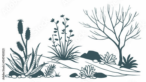 Descriptive monochrome line art of a desert botanical garden with diverse succulents, flowering plants, a bare tree, and rocks in an arid landscape.
