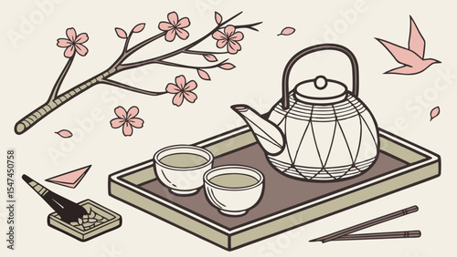 Peaceful Traditional Japanese Tea Ceremony Illustration with Pink Sakura Cherry Blossoms, Tea Pot, Teacups, Calligraphy Brush, and Flying Bird in Minimalist Vector Art