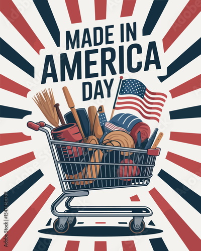 Made in America Day Shopping Cart Patriotism Manufacturing Illustration