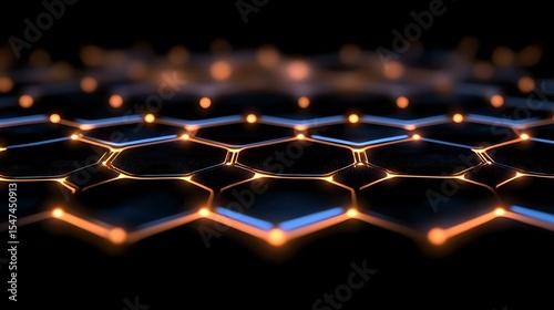 Glowing hexagonal grid pattern with orange and blue light effects on dark background creates futuristic technological network visualization.