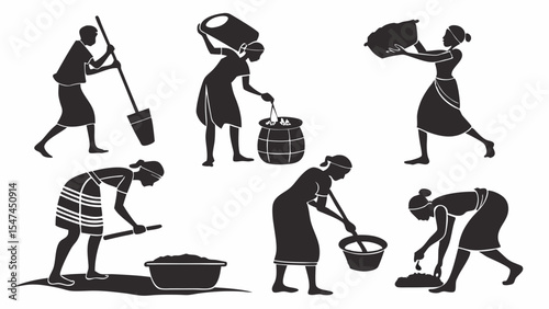 Black and white vector silhouettes of African women performing traditional daily chores like water fetching, digging, grinding, and food preparation.
