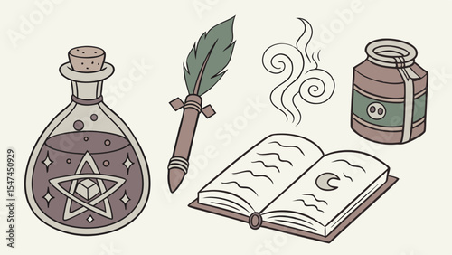 Witchcraft Magic Elements Vector Illustration Set Potion Bottle Spellbook Quill Inkwell Pentagram Moon Mystical Flat Design Icons Art