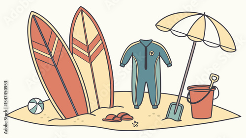 Vibrant cartoon illustration of summer beach essentials two surfboards wetsuit umbrella bucket shovel flip-flops and ball on sand for surfing fun.