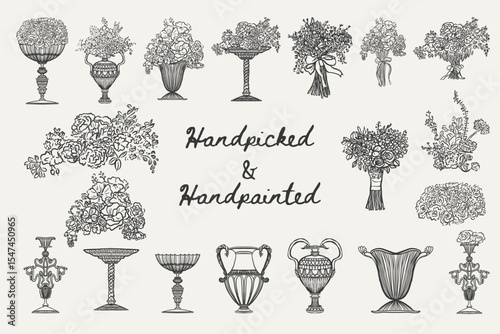 Whimsical floral set with bouquets in elegant vases and ornate empty vessels. Great for printables, packaging, cards, or home decor.