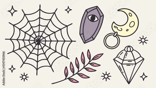 Aesthetic Mystical Witchy Doodle Art Collection with Spiderweb, Crescent Moon, Eye Crystal, Diamond, and Branch for Magic and Occult Themes