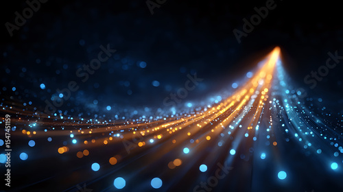 Glowing optical fiber strands emitting orange and blue light streams against dark background, creating dynamic motion effect with bokeh particles.