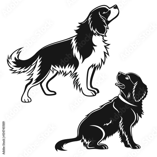 Two Dogs Silhouette Illustration One Standing and Looking Up One Sitting and Looking Up