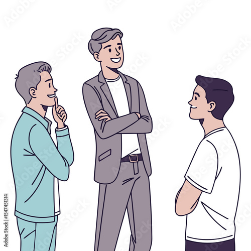 Three young men in a business setting having a discussion together