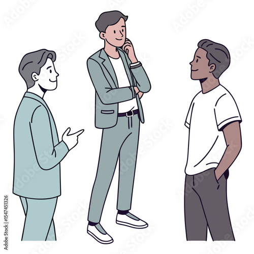 Three Young Men in a Business Casual Setting Discussing Ideas and Collaborating