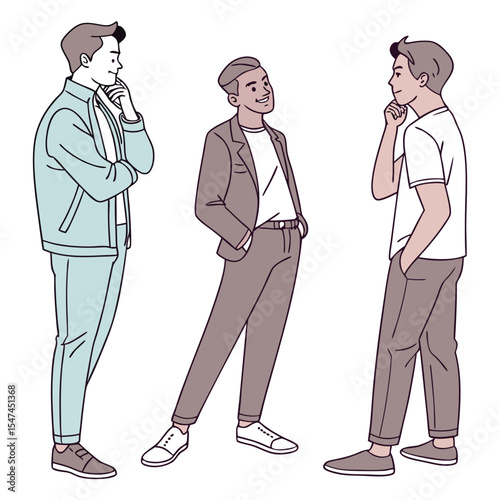 Three young men in casual outfits standing and thinking isolated on a white background