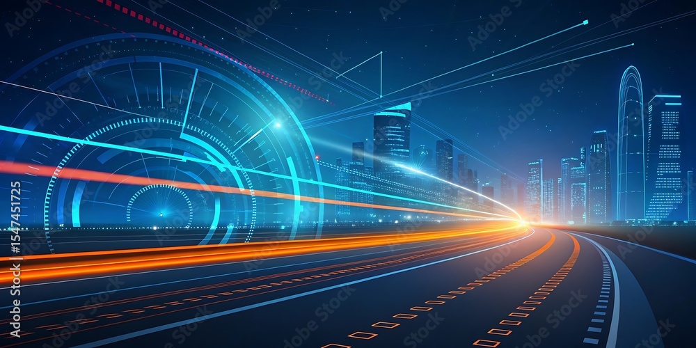 Obraz premium Futuristic digital illustration featuring blue, orange neon high-speed technology concept. Dynamic motion graphics, abstract background of cyberspace connectivity. Modern tech interface, italy