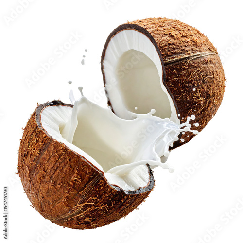 coconut with milk splashes isolated on transparent background, png