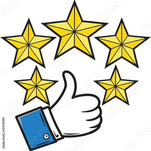 Five star rating with thumbs up hand gesture cartoon illustration