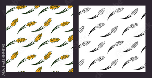 Seamless pattern set with wheat on a white background. Doodle style ornament for printing on fabric, textile and wrapping for autumn festival, harvest, advertising of farm products