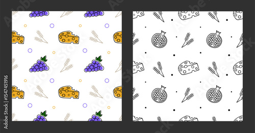 Seamless pattern set with grapes, cheese and wheat on a white background. Doodle style ornament for printing on fabric, textile and wrapping for autumn festival, harvest, advertising of farm products