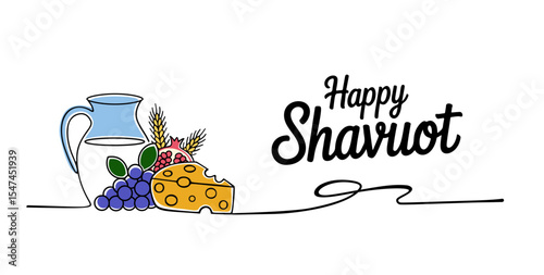 Greetings banner template with milk, wheat, and gifts of nature greetings. Festive background and invitations for Shavuot and Shavuot Sameach, springtime or autumn on white background.
