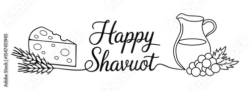 Line drawing of dairy products and fresh vegetables and fruits on white background. Holiday banner template for advertising farming, stores and natural eco production, autumn festival, Happy Shavuot.