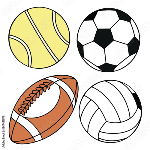 A collection of sport balls including a tennis ball soccer ball football and volleyball