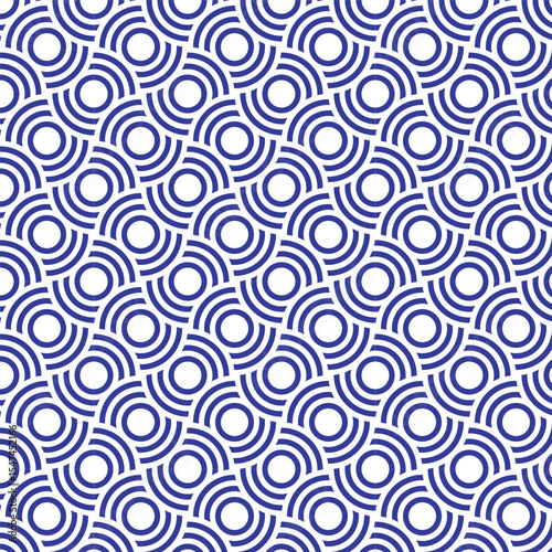 Modern circular line art pattern illustration. Geometric, abstract, seamless background. Swatchable blue. / モダンな円形ラインアートのパターンイラスト 幾何学模様 抽象的 シームレス 背景 スウォッチ対応 青