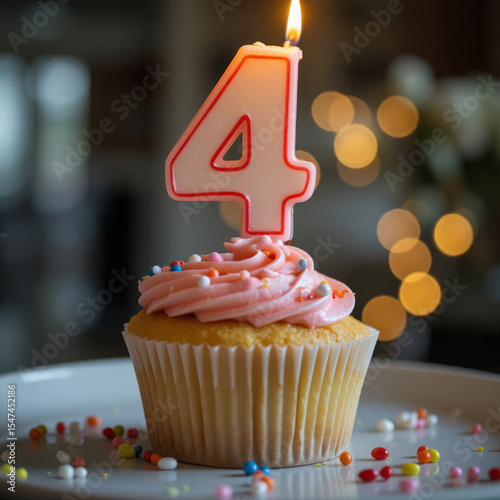 A cupcake with pink frosting and sprinkles, topped with a number 4 candle lit, on a white plate with sprinkles around, in a kitchen photo