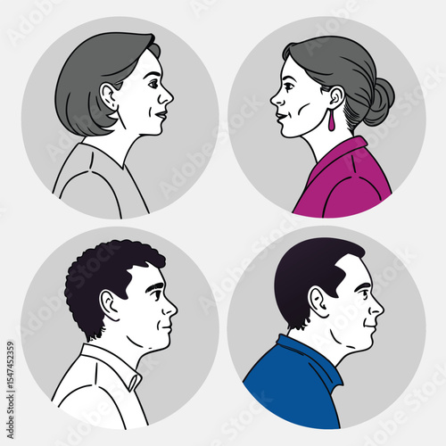 Diverse group of people in profile view vector illustration with simple line art and color accents