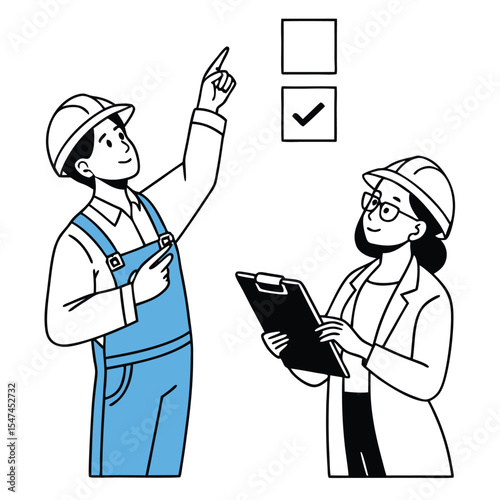Construction Workers Reviewing Checklist with Hard Hats and Clipboard in a Simple Illustration